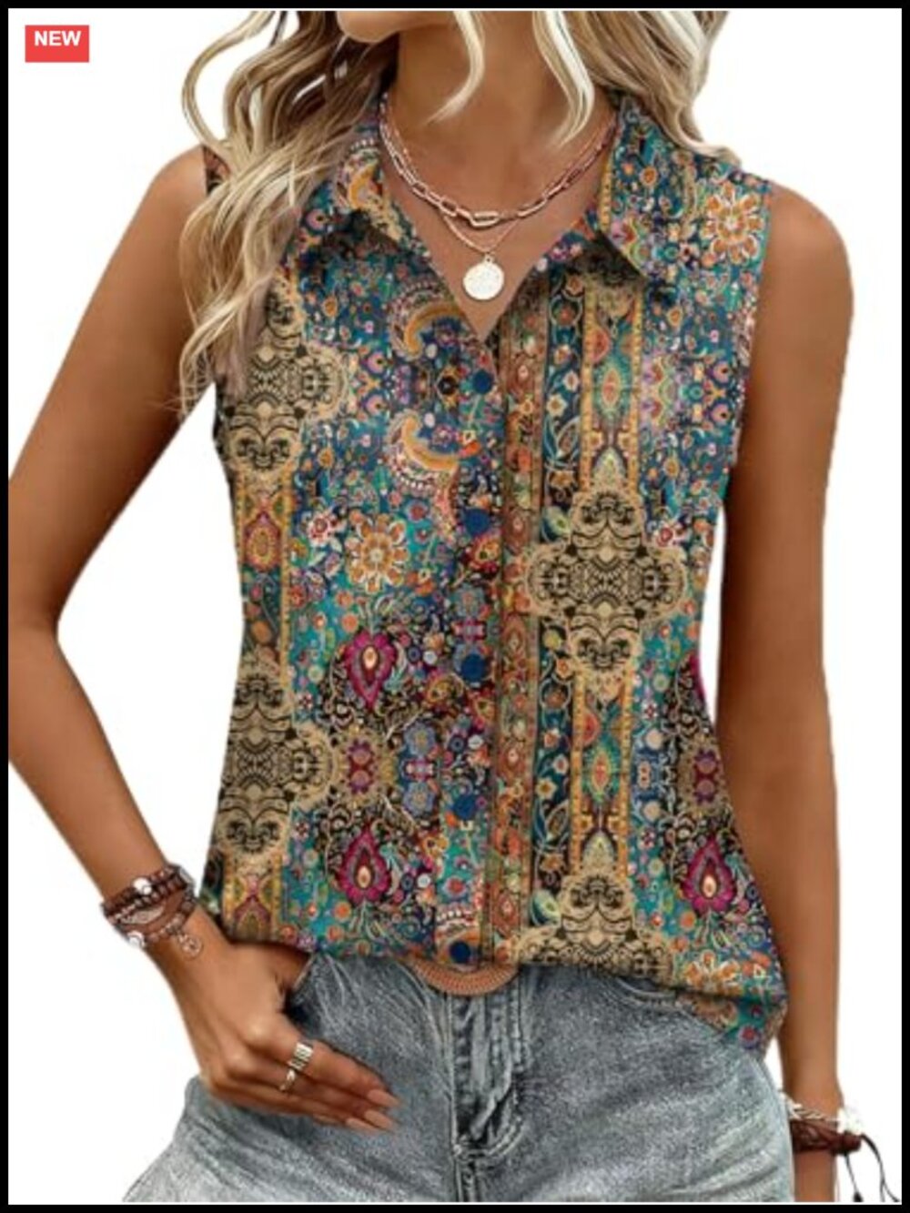 Zeagoo Sleeveless Button Down Blouse V-Neck Polyester Spandex Tank Top